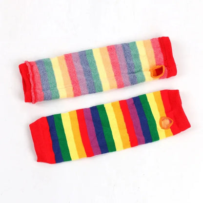 Women Fancy Rainbow Stripes Over Knee Long Socks Elbow Gloves Set Halloween Cosplay Costume Knitted Stretchhy Thigh High