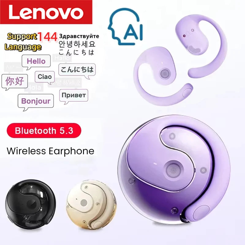 Lenovo AI Earphones Wireless Bluetooth Real-time Language Translation 144 Languages Ear Hanging Headphone Translator For Busine