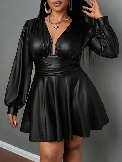 plus Size Leather Skirt for Women Deep V Neck Lantern Sleeve Waist Cinched A-Line Party Outfit Sexy Girl's Ensemble