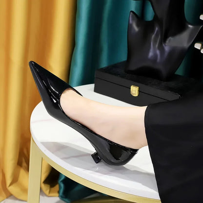 Women Comfortable 3.5cm High Heels Shallow Pointed Toe Work Pumps Lady Glossy Leather Low Heels 2024 Luxury Brand Designer Shoes