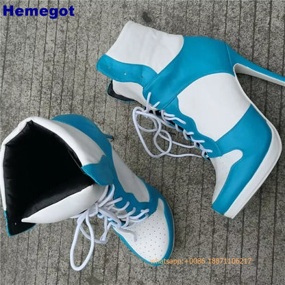 Round Toe Sports Lace Up Women's Short Boots 2025 Thick Sole Mixed Color Stilettos Autumn Winter New Street Style Casual Rock Bo
