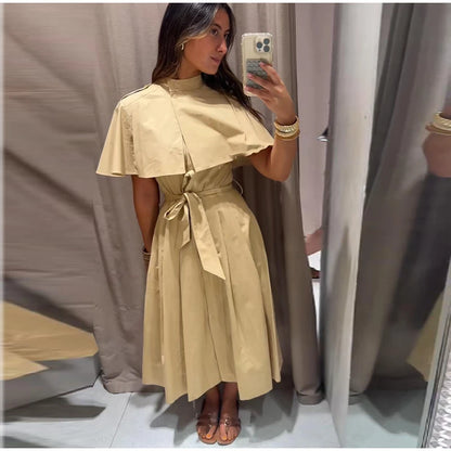 Women's Trench Style Midi Dress Stand Collar Cape Overlay Short Sleeve Belted Waist A‑Line Dresses Autumn Elegant Office Outfits