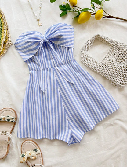 Women's Spring/Summer Cruise Vacation Blue Striped Front Waiver Loose Jumpsuit, Suitable for Party, Date, Afternoon Tea