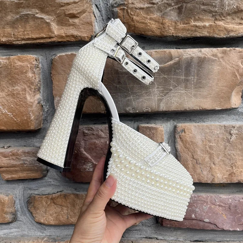 2026 Women's Shoes 14cm Thick Heel Pointed Sandals 35-41 High Heel Waterproof Platform Woman Shoes Wedding Dress Luxury Pearl