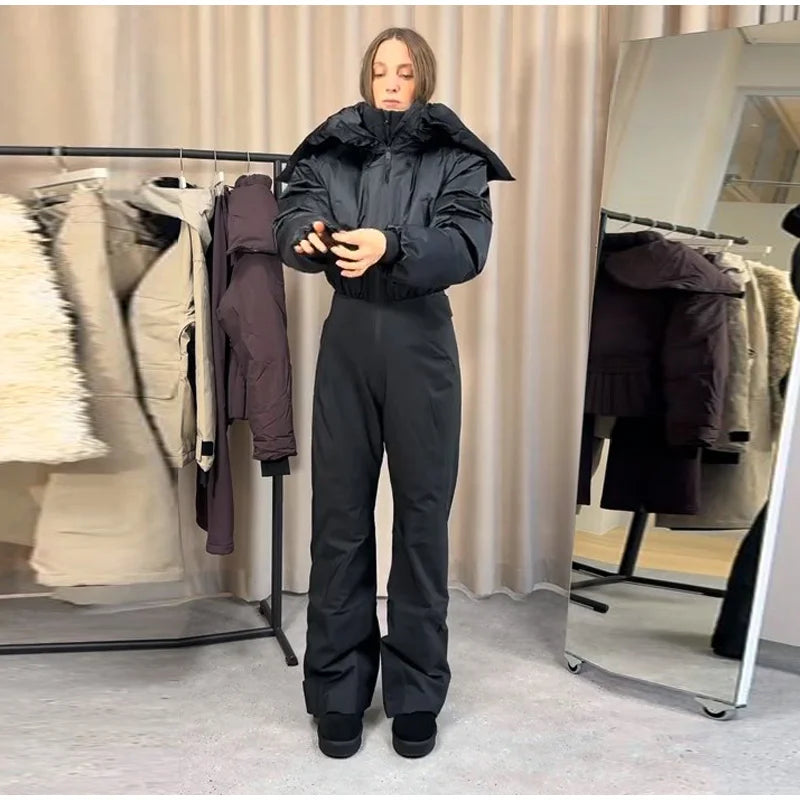 Detachable Hooded Ski Suit Jumpsuit Woman Zipper Color Blocked Long Sleeve Slim Warm Jumpsuits Sports Casual Women's Ski Suits