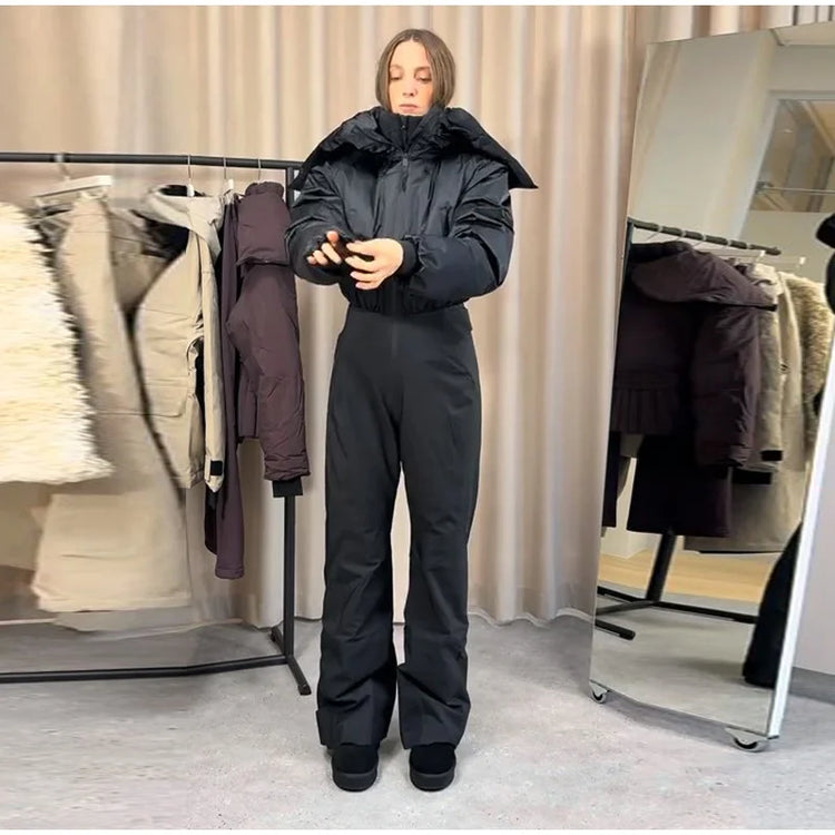 Detachable Hooded Ski Suit Jumpsuit Woman Zipper Color Blocked Long Sleeve Slim Warm Jumpsuits Sports Casual Women's Ski Suits