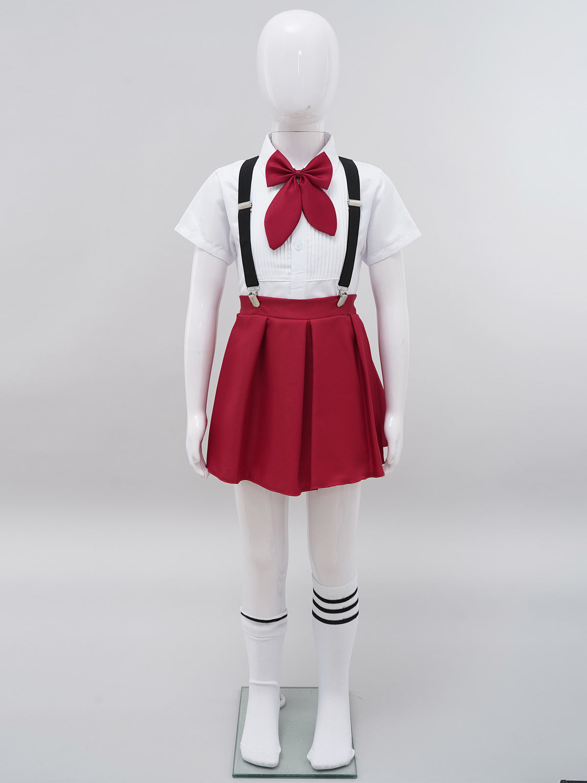 Children Girls Choir Outfits School Uniform Bow Tie Shirt with Suspender Skirt and Socks Schoolgirls Stage Performance Costume