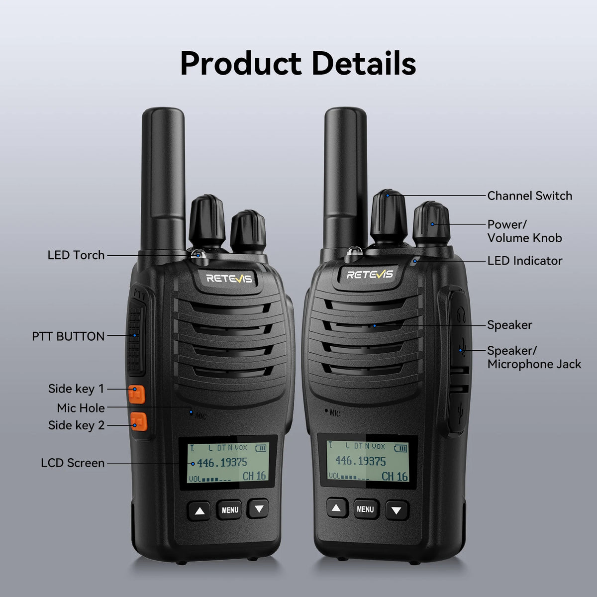 Retevis H777D Walkie Talkie PMR446 Portable License-Free LCD Display Radio Long Range Type-C Camping Use