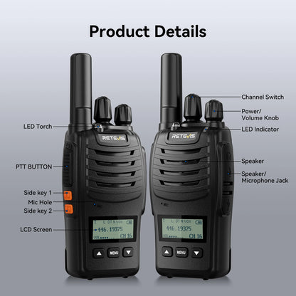 Retevis H777D Walkie Talkie PMR446 Portable License-Free LCD Display Radio Long Range Type-C Camping Use
