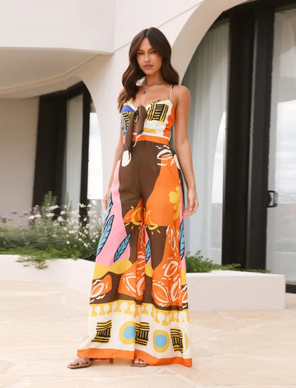 VEITCHE Summer Style Women Print Spaghetti Strap Casual Jumpsuits Hollow Out Leace-up High Waist Wide Legs Bohemian Jumpsuit