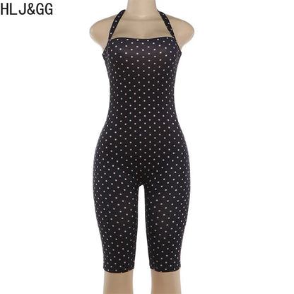 FAGADOER Fashion Trend Street Polka Dot Printing Rompers Women Halter Lace Up Bodycon Jumpsuits Sexy Female Playsuits 2026 New