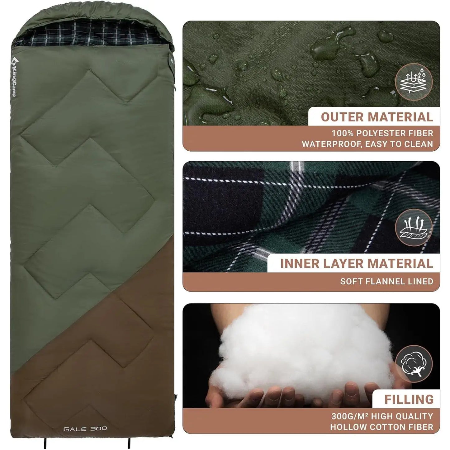 KingCamp Sleeping Bag for Adults, Cold Weather XL Big & Tall (74.8"x33.1" Fits 6.6ft), Cotton Flannel Lining & 300g/㎡ Hollow Fiber Fill (Comfort 44.6°F), Lightweight with Compression Sack, 2-Way Zipper for Couples, Outdoor