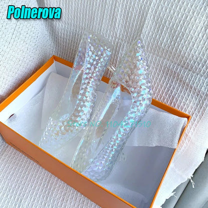 Transparent Crystal High Heels Wedding Bridal Shoes Luxury Pointed Toe Round Heel Women Pumps Elegant Fairy Banquet Party Shoes