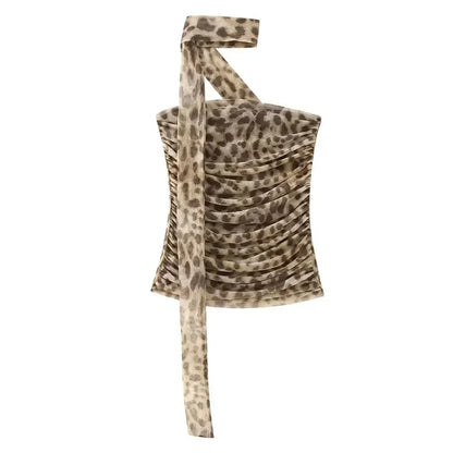 HH Women Leopard Print 2 Piece Outfit Midi Skirt Suit Sexy Summer Backless Strapless Crop Top Fashion Elegant Beach Party Sets