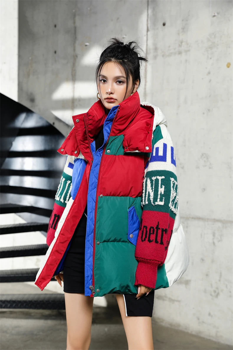 Streetwear Letter Stitching Fashion Down Jacket Women's New Hooded Parka Loose Winter Down Coat Female Thick Casual Warm Clothes