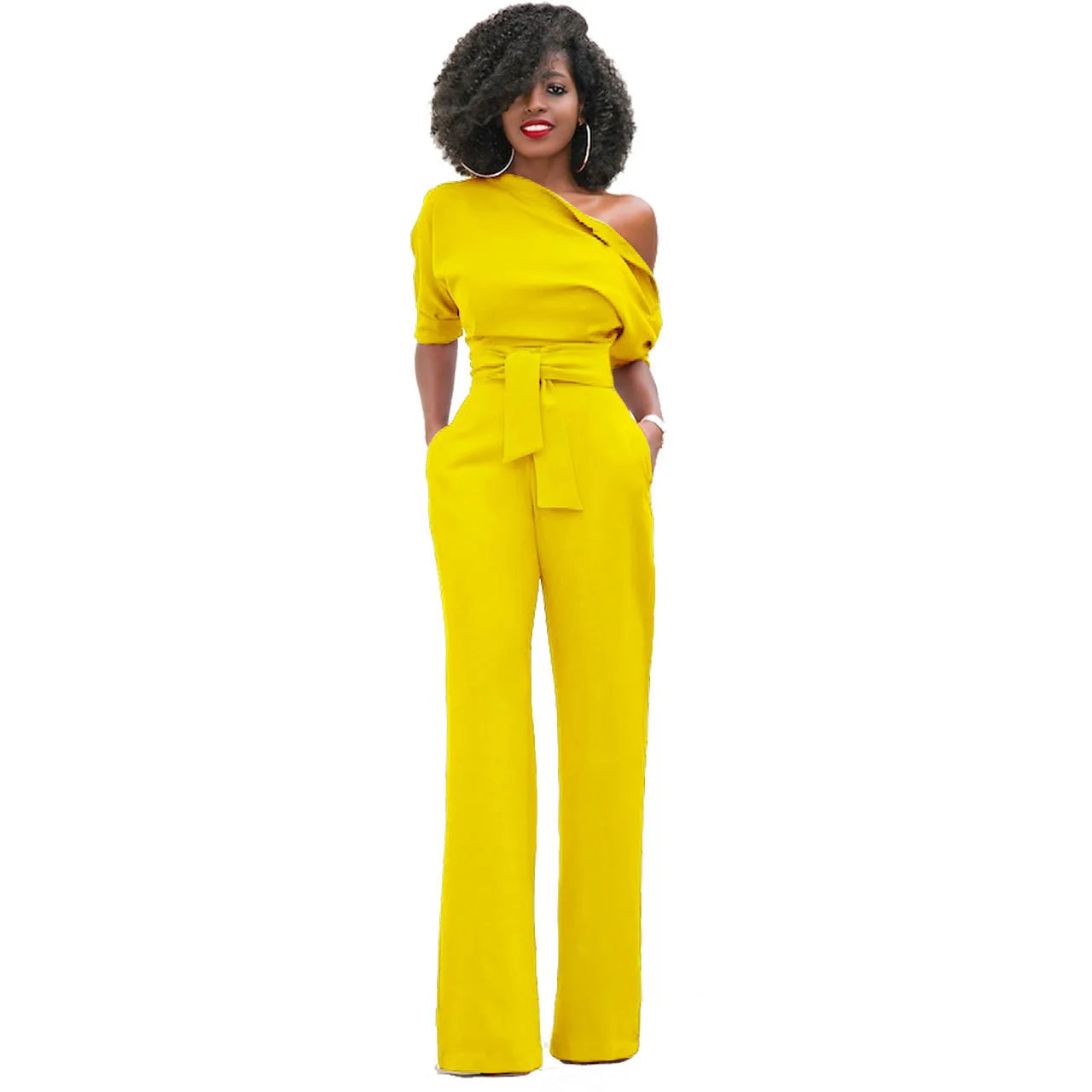 2024 Summer New Fashion Women's Jumpsuit Solid Color Slanted Shoulder Elegant Temperament Sleeveless Long Wide Leg Jumpsuit