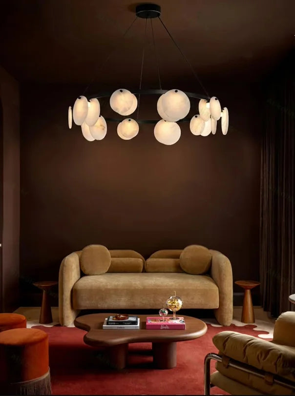 2026 Natural Marble Pieces LED Chandelier Lustre Alabaster Pendant Light Suspension Luminaire Lampen For Foyer Dinning Room