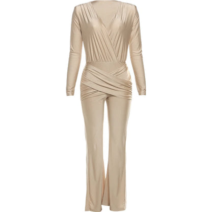 Weird Puss Cross Ruched Jumpsuit Women Patchwork Deep v-Neck Full Sleeve Elegant Skinny Stretch Workout Office Classic Overalls