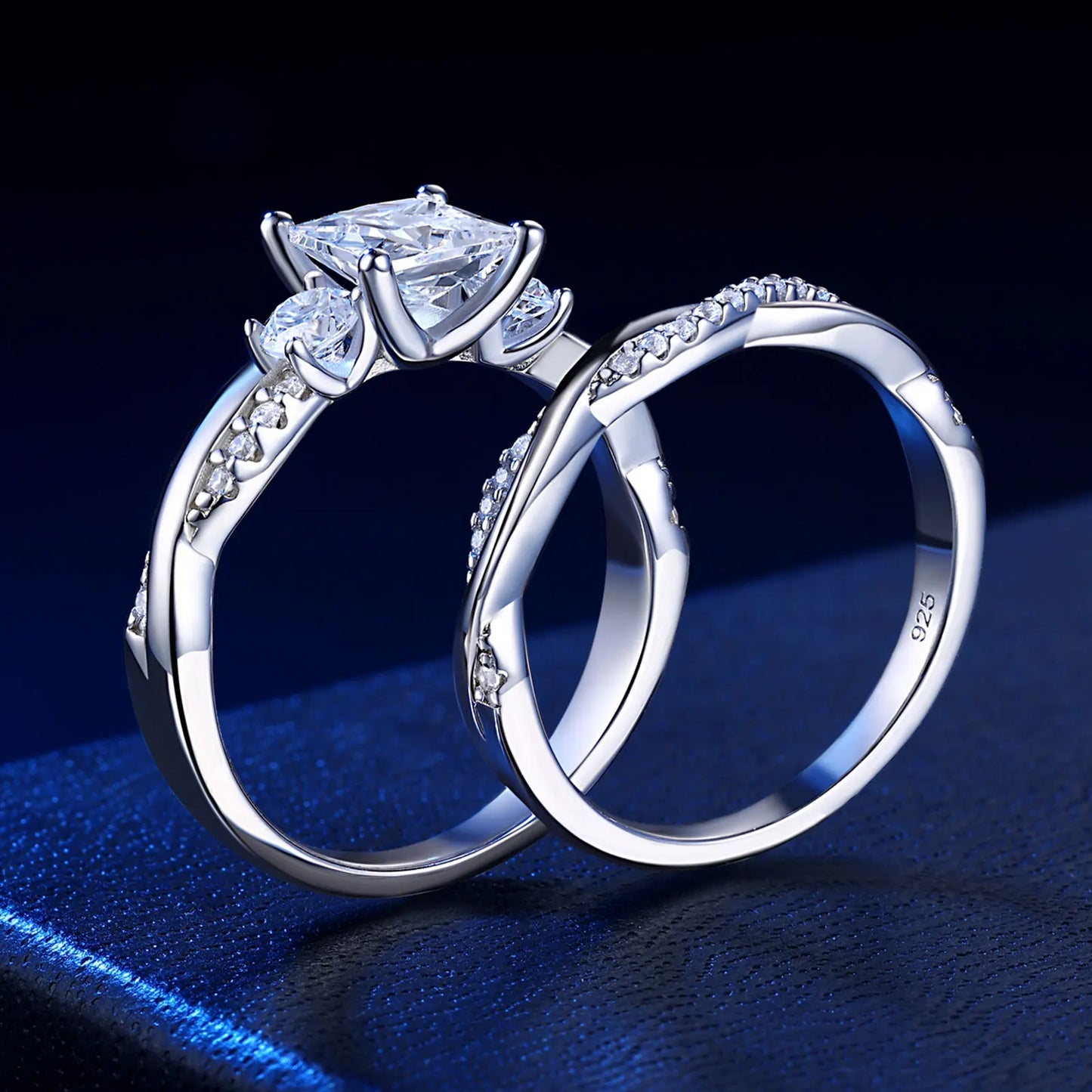 Newshe 925 Sterling Silver Moissanite/Zircons Princess Cut Eternity Engagement Rings Twist Wedding Band Bridal Sets