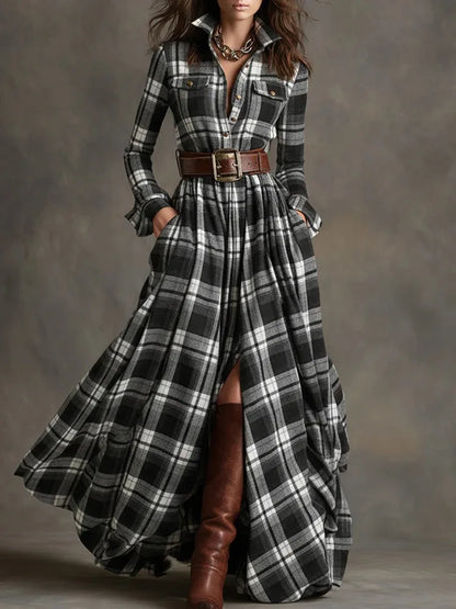 Autumn Vintage Long Sleven Dress for Women Plaid Print Shirt Maxi Dress Vacation Female Elegant Belt Loose Pocket A-line Dresses