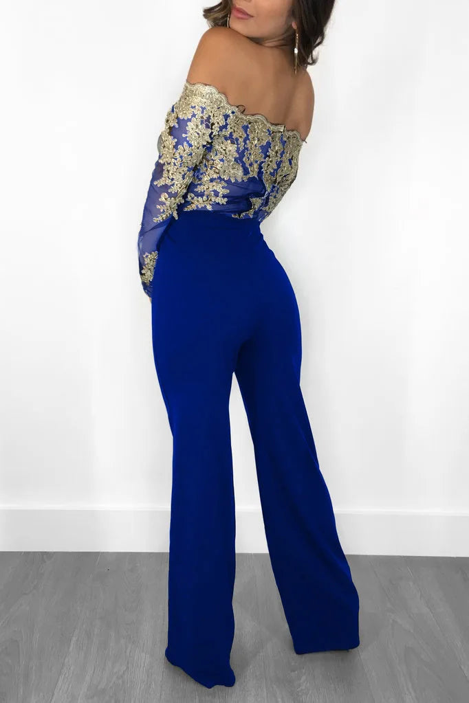 Womens Elegant Off Shoulder Long Pants Wide Leg Jumpsuits Floral Embroidery Lace See Through Cocktail Club Party Evening Rompers