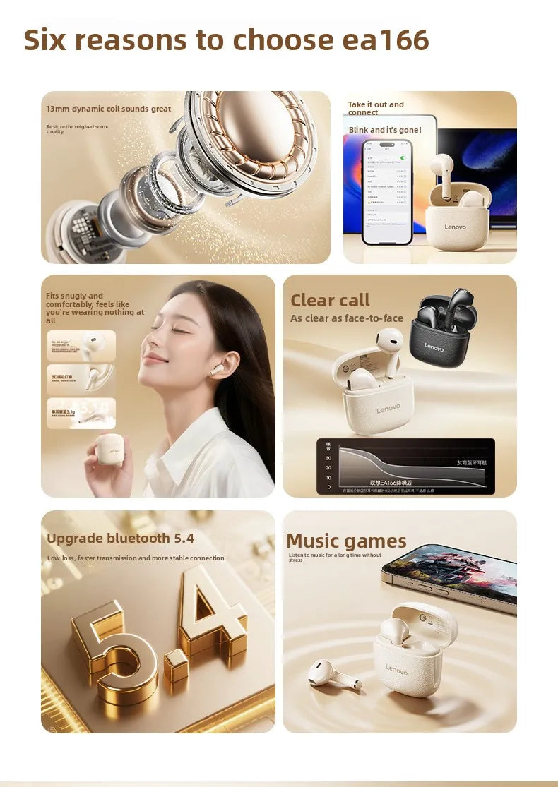 Original New Lenovo TWS Earphones EA166 Bluetooth V5.4 True Wireless Headphones Hi-Fi Sound Waterproof Headset Leather Texture