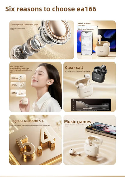 Original New Lenovo TWS Earphones EA166 Bluetooth V5.4 True Wireless Headphones Hi-Fi Sound Waterproof Headset Leather Texture