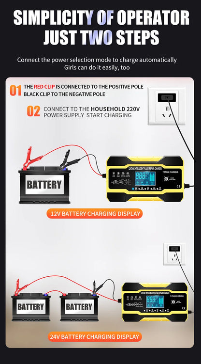 12V 24V Car Battery Charger 10A Smart 7-Stage Pulse Repair Fast Charger, AGM GEL WET Lead Acid Battery Maintainer
