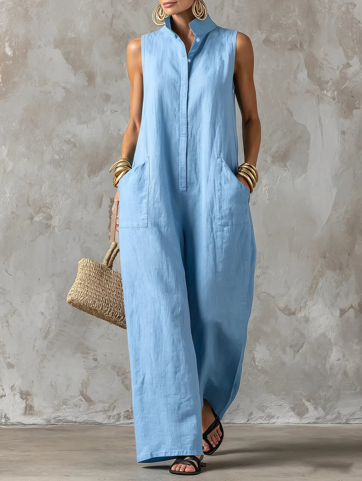 Women's Elegant Sleeveless Loose Jumpsuit New Stand Collar Button Romper Fashion Casual Summer Beach Vacation Boho Jumpsuits