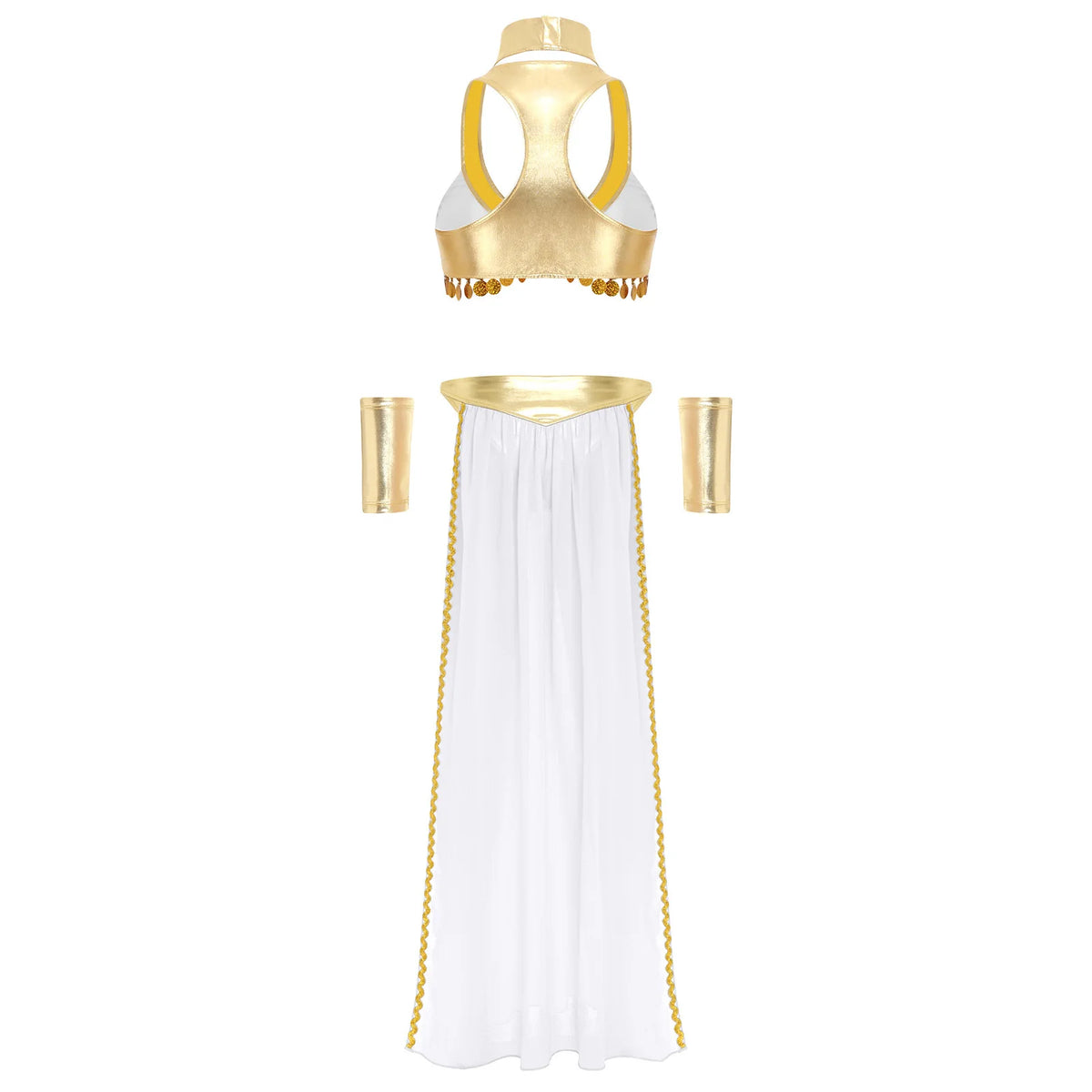 Women Ancient Egyptian Queen Cosplay Outfits with Collar Crop Top with Chiffon Skirt Metallic Shiny Indian Belly Dance