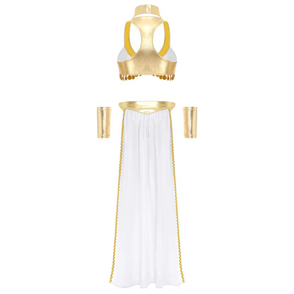 Women Ancient Egyptian Queen Cosplay Outfits with Collar Crop Top with Chiffon Skirt Metallic Shiny Indian Belly Dance