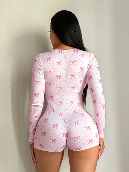 Women's Sexy Casual Pink Polka Dot Bow Print Comfortable Knitted Elastic Jumpsuit Shorts Home Clothes
