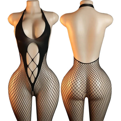 One Piece Pants Sexy Crotchless Bodysuits For Women Erotic Outfits Mesh Hollow Jumpsuits High Waist Elastic Bodystocking Rompers