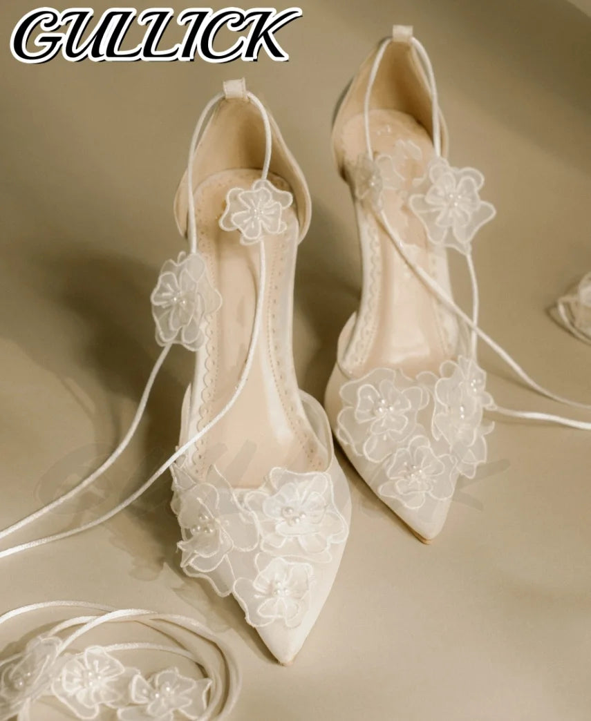 Bridal Blossom Air Mesh Heeled Sandals Shallow Lace Up Wedding Elegant High Heels Pointy Toe White Women Luxury Flower New Shoes