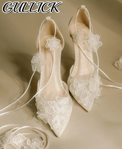 Bridal Blossom Air Mesh Heeled Sandals Shallow Lace Up Wedding Elegant High Heels Pointy Toe White Women Luxury Flower New Shoes
