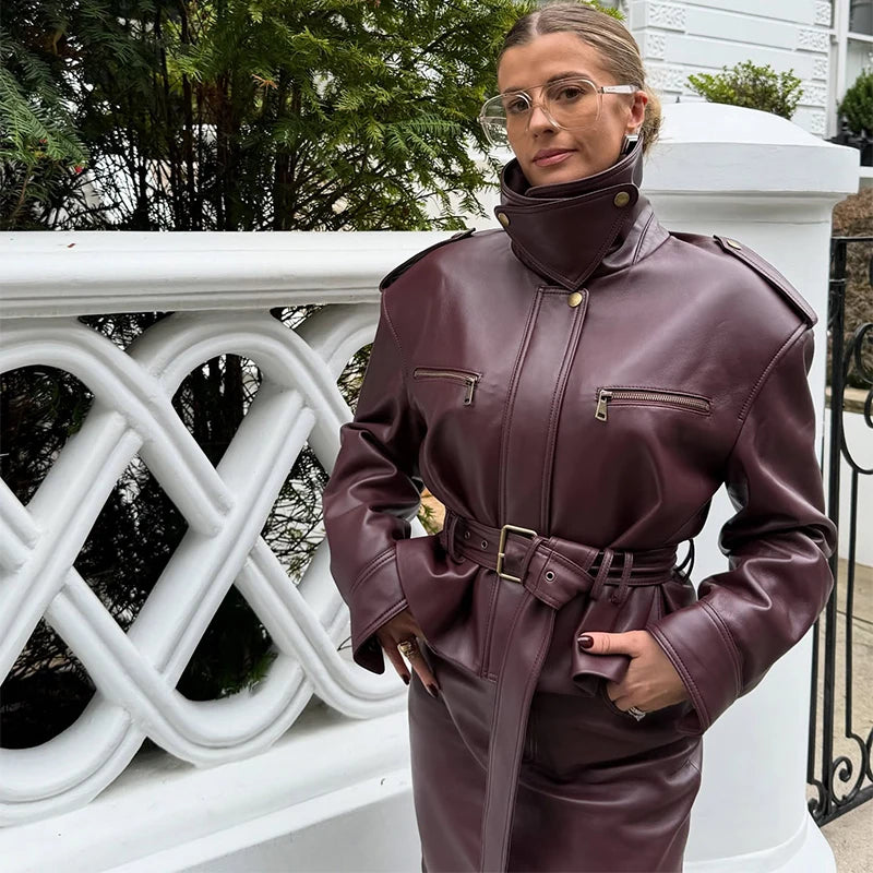 Vintage Women's Leather Jacket Stand Collar Pocket Short Coat Retro Waistband Zipper Outwears 2025 New Autumn Winter Lad Jackets