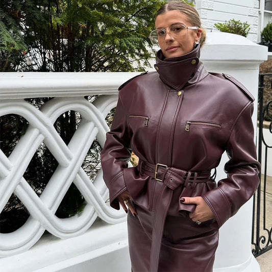 Vintage Women's Leather Jacket Stand Collar Pocket Short Coat Retro Waistband Zipper Outwears 2025 New Autumn Winter Lad Jackets