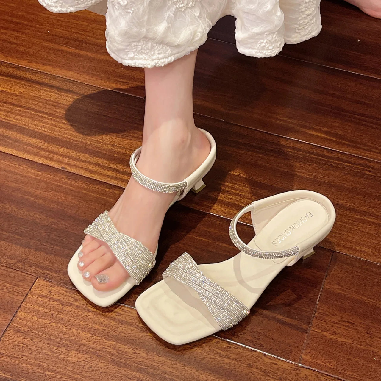 Fashion Rhinestones Ladies Heels Pumps Shoes Luxury Female Slides New in 2025 Footwear Square Toe Women Heeled Sandals Shoes