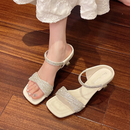 Fashion Rhinestones Ladies Heels Pumps Shoes Luxury Female Slides New in 2025 Footwear Square Toe Women Heeled Sandals Shoes