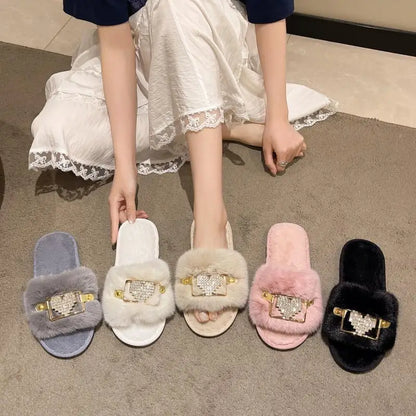 Love Chain Fluffy Women's Slippers Home Fashion Luxury Designer Shoes Woman Autumn Winter Faux Fuzzy Fur Slides Indoor Elegant