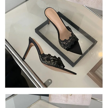 Luxury Lace Crochet Mule Slipper Woman Brand Design Point Toe High Heel Slide Sandal Ladies Elegant Evening Party Stiletto Shoes