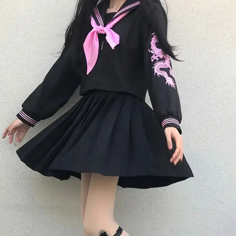 Japanese School Girl Uniform Pink Silver Dragon Sailor Outfit Skirt Sets JK Sailor Seifuku Uniform Cos Student School Clothes
