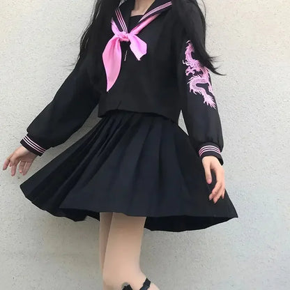 Japanese School Girl Uniform Pink Silver Dragon Sailor Outfit Skirt Sets JK Sailor Seifuku Uniform Cos Student School Clothes