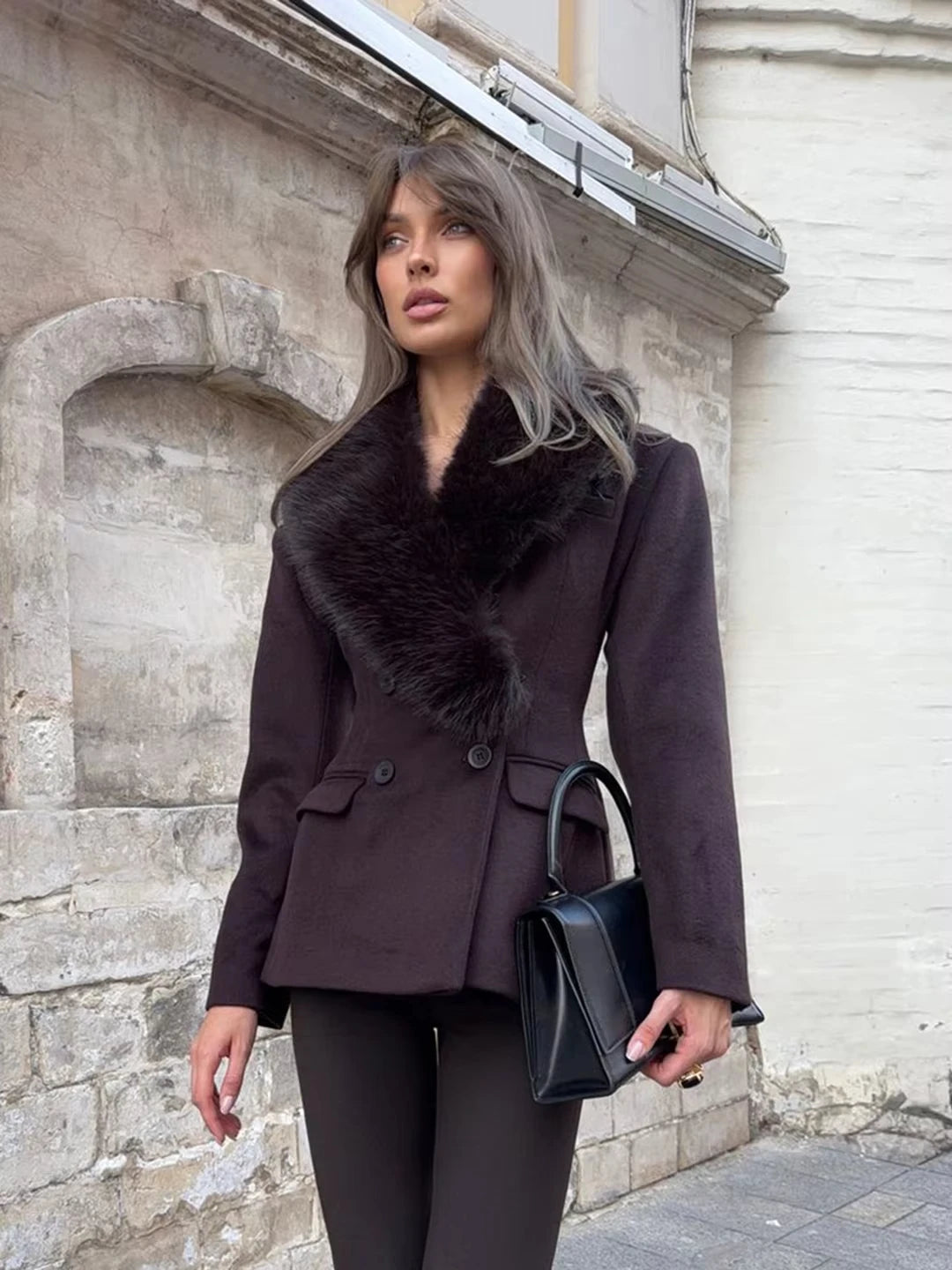 Women Winter Wool Coat Dark Brown Faux Fur Collar Slim Fit 2026 New Elegant Old Money Luxury Streetwear Outerwear