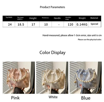 Sweet Butterfly Women Drawstring Bucket Shoulder Bags Versatile Ladies Crossbody Bag Clutch Fashion Girls Pearl Chain Handbags