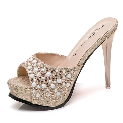 Women Crystal Slippers 2024 New Fashion Platform 12CM Thin High Heels Designer Slides Sandals Luxury Rhinestones Summer Shoes