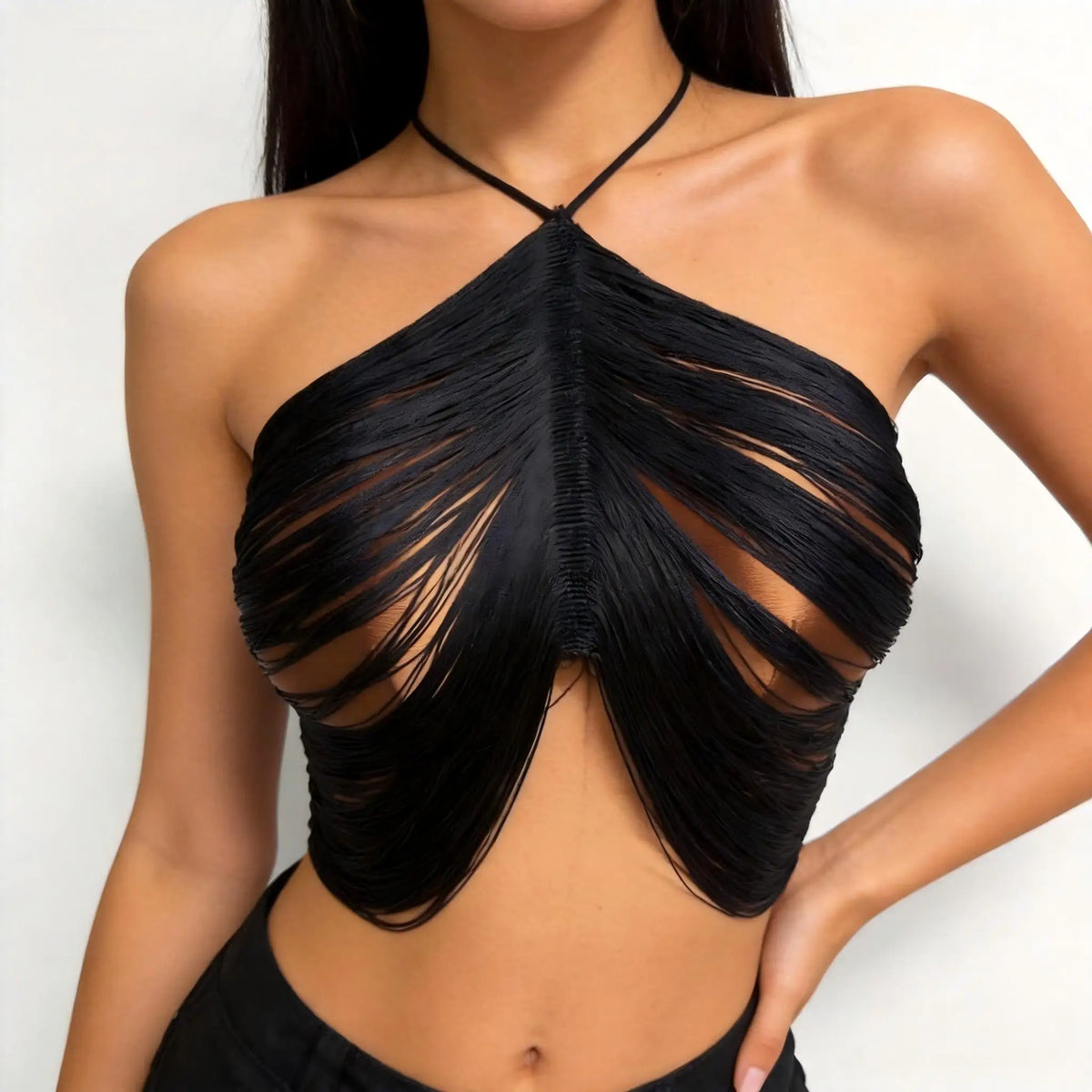 AKYZO European and American Sexy Tassel Black Top Stylish Hanging Neck Vest Spicy Girl Versatile Women's Clothing