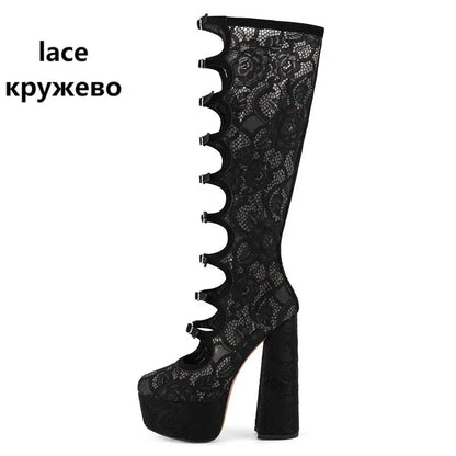 Onlymaker Women Pink Platform Multibuckle Strap Knee High Boots Big Size Comfy Female Side Zipper Mondern Boots
