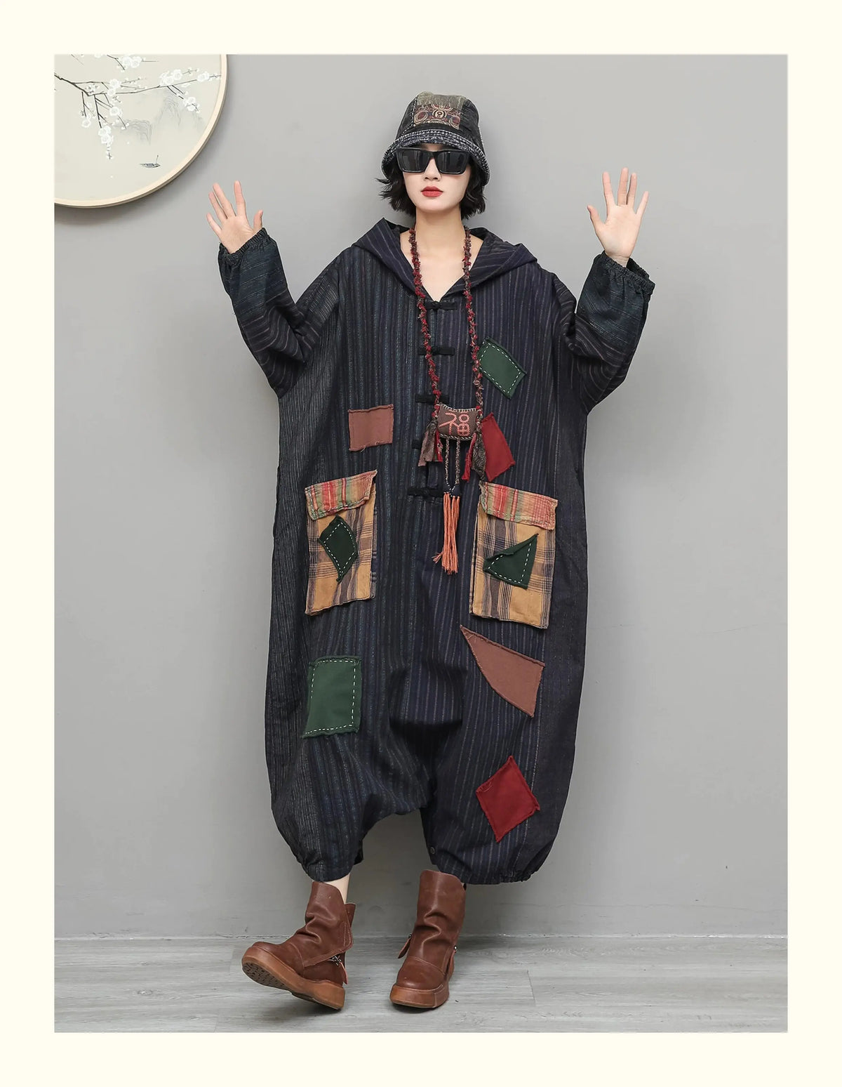 Unique Vintage-style Patchwork Jumpsuit Women Autumn Loose Hooded Long Sleeves Overalls LX6788