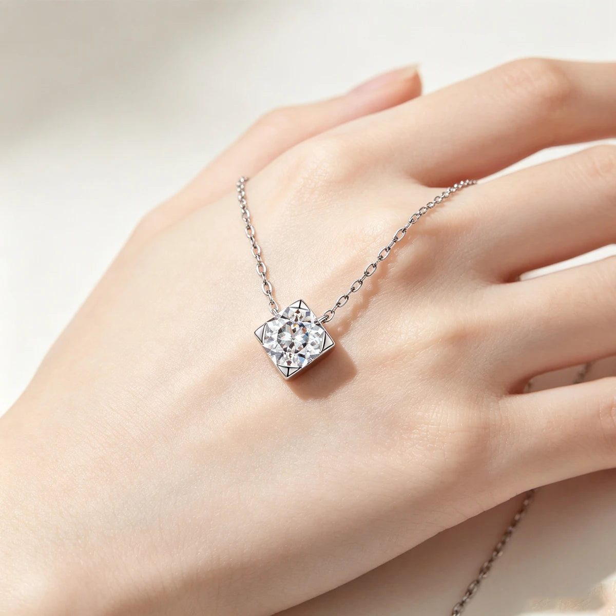 925 Sterling Silver Moissanite Pendant Necklace Spark Fine Jewelry For Women Birthday Present Daily Wear Banquet Simple Elegant Neck Ornament Luxury Cushion‑Cut Four‑Prong Setting Bright Thin Silver Chain Sparkling Gem Fe